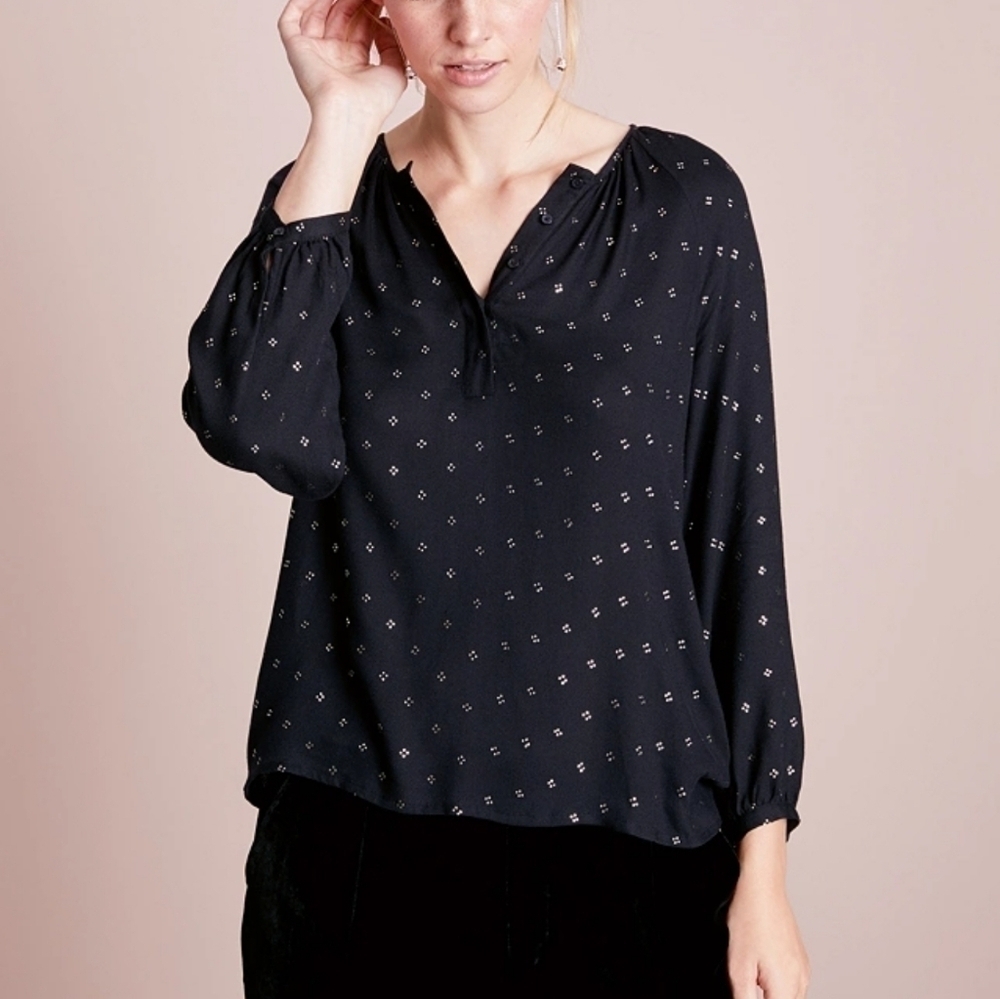 J.Jill Foil Print Navy V-Neck Long Sleeve Cotton Blouse